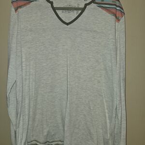 Gray V-Neck Long Sleeve Shirt with Colorful Accents